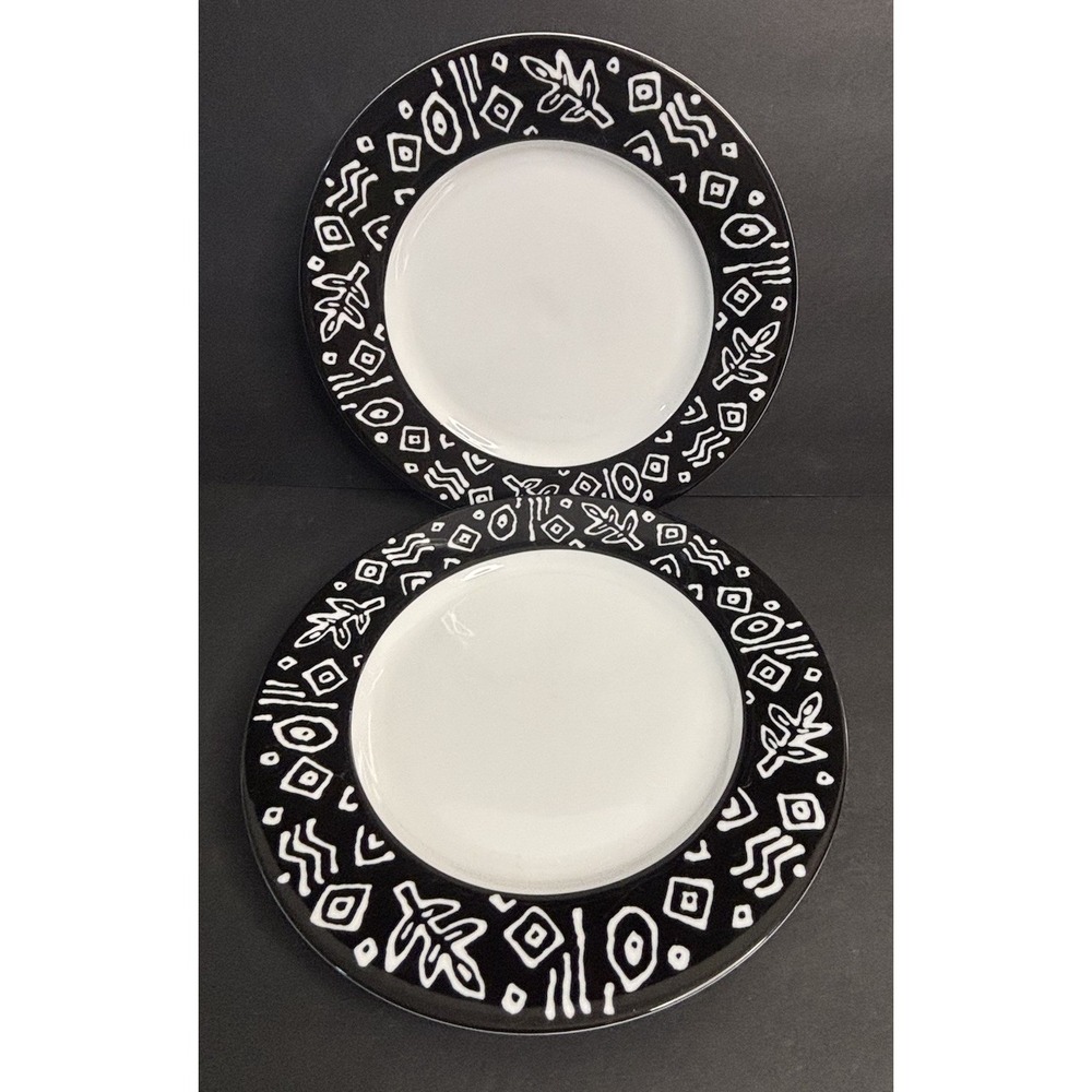 2 Pier 1 Monno Dinner Plates Bangladesh 10 1/4" Black White Abstract Leaves
